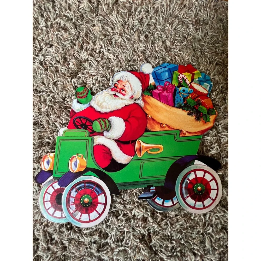 Vintage Santa Claus Driving Car Cardboard Cutout Double Sided Christmas Decor
